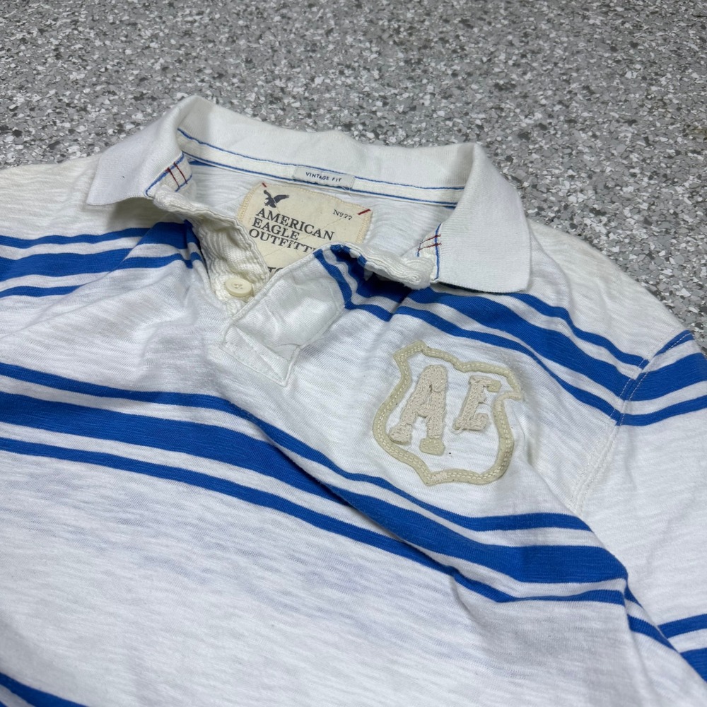 Y2K American Eagle Stripped Polo Men's XL White Blue Embroidered